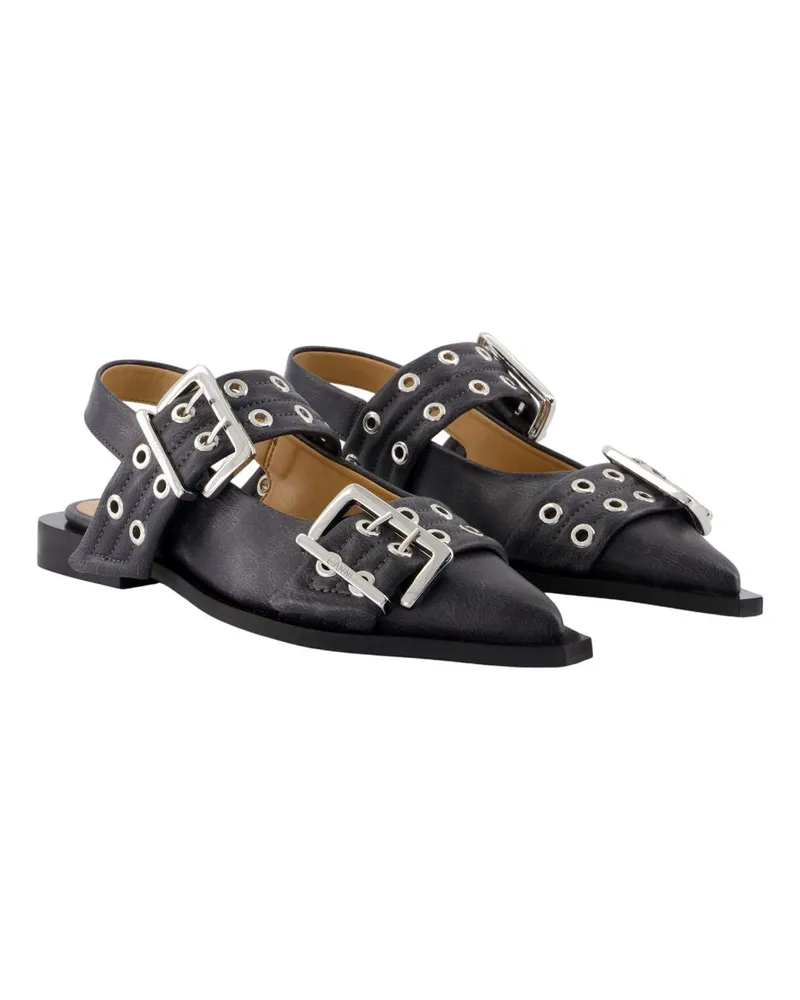 Ganni Women's Feminine Buckle Vintage Ballerinas -  Leather Grey Shoes Flat-Shoes Gray