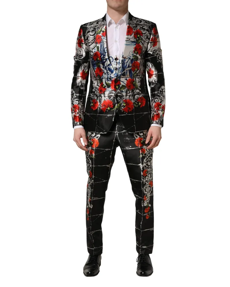 Dolce & Gabbana Floral-Printed Silk Pant Suit — Black Black