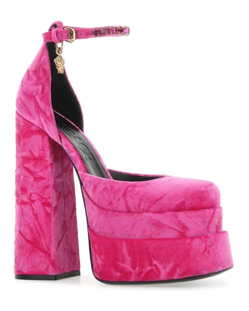 Versace Women's Fuchsia Velvet Medusa Aevitas Pumps Pinkoro Scarpe Con Tacco High Heel Shoes Pink