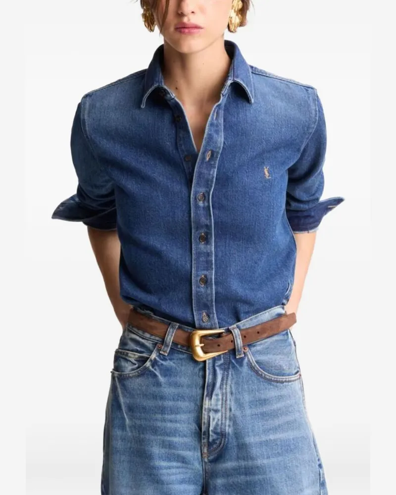Saint Laurent Cassandre-Embroidered Denim Shirt 