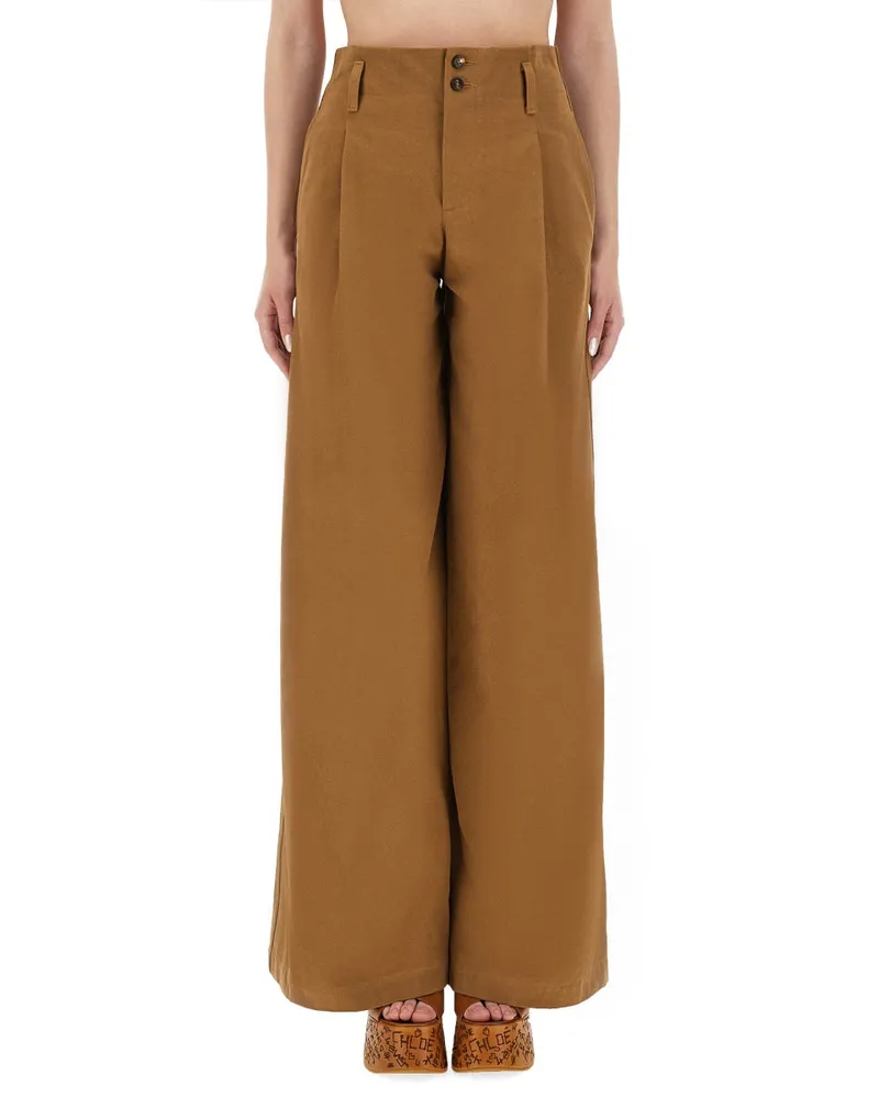 Chloé Cotton Wide-Leg Trousers — Brown Brown
