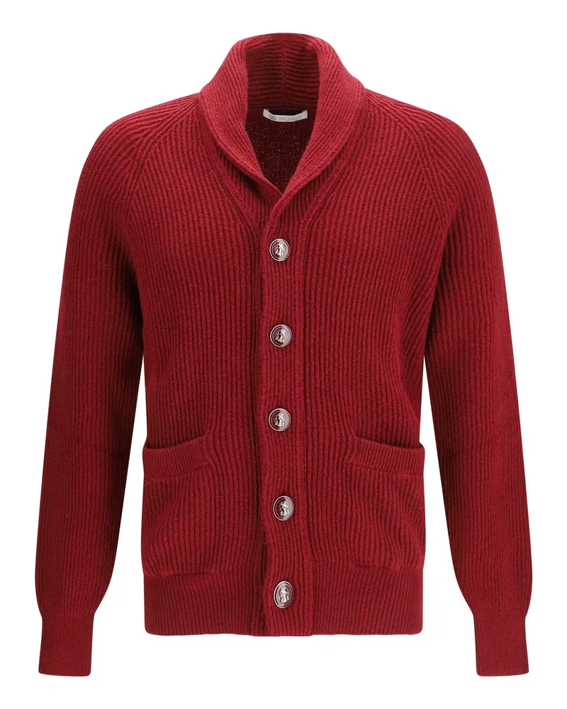 Brunello Cucinelli Men's Cardigan Ribbed Cotton Cherry Sweater Red