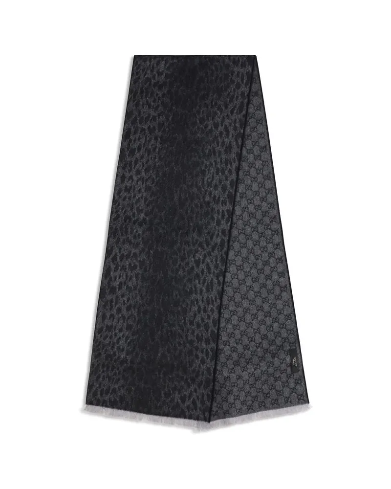 Gucci Reversible Merino Wool Leopard-Print and Monogram Scarf — Gray Gray
