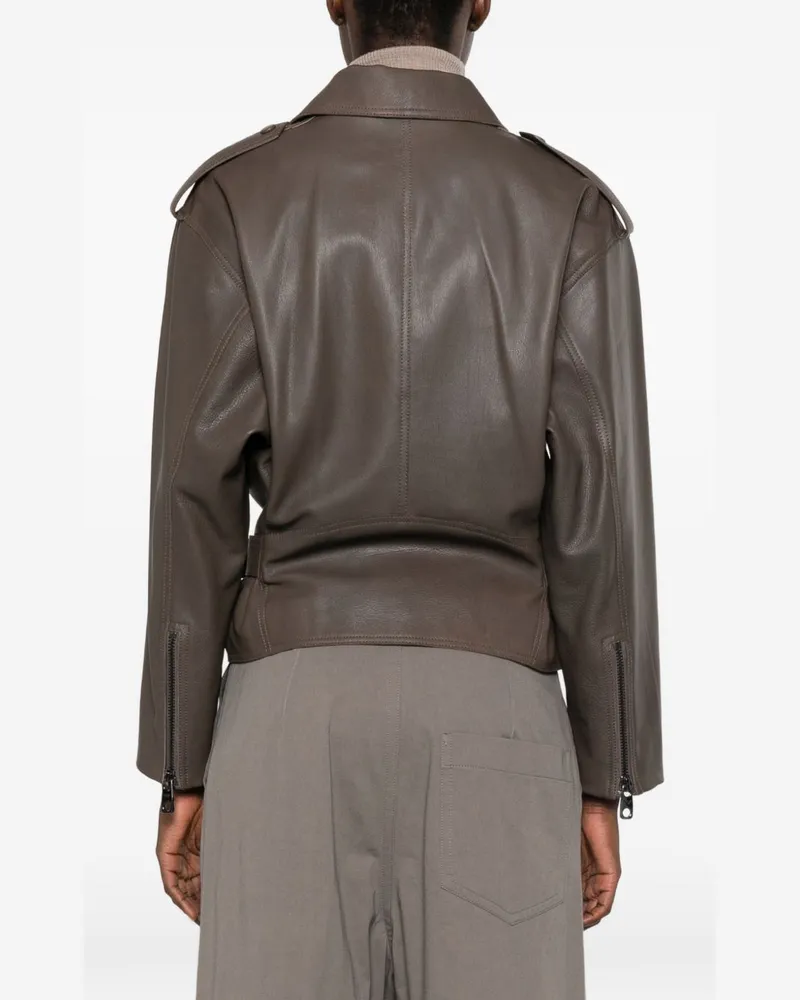Emporio Armani Leather Notched-Lapel Leather Jacket — Brown Brown
