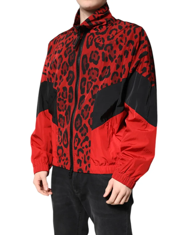 Dolce & Gabbana Men's Red Leopard Nylon Bomber Full Zip Jacket Clothing Red