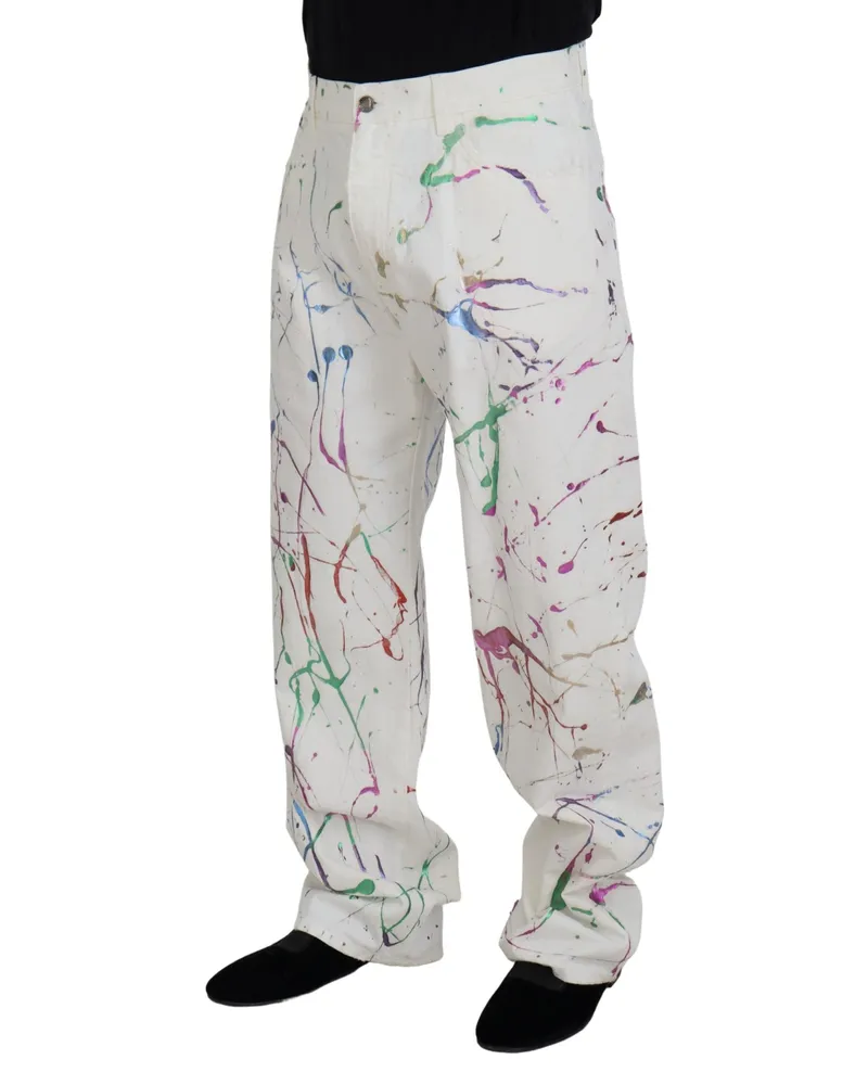 Dolce & Gabbana Men's White Cotton Splash Print Denim Pants White