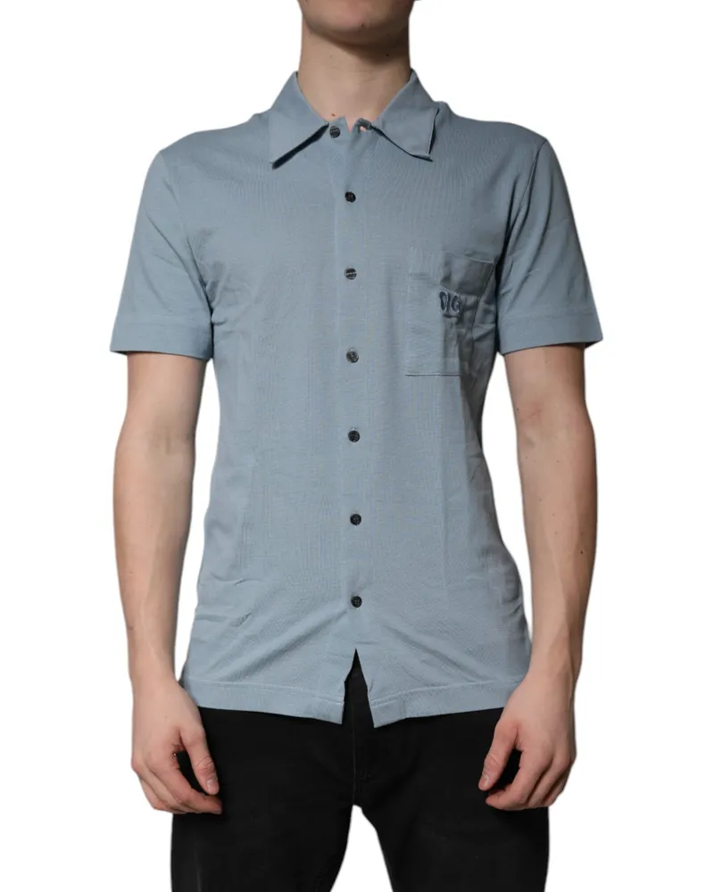 Dolce & Gabbana Blue Cotton Button Down Casual Men Polo Shirt Light Blue