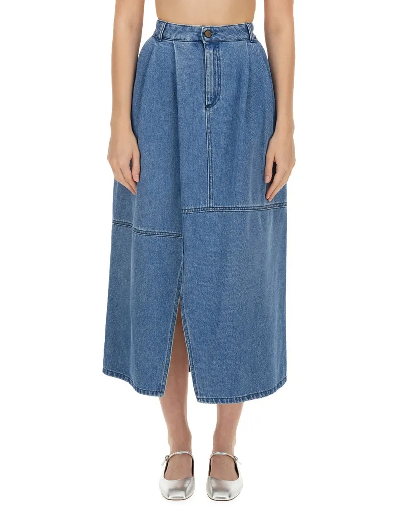 ALYSI Cotton Denim Midi Skirt — Blue Blue