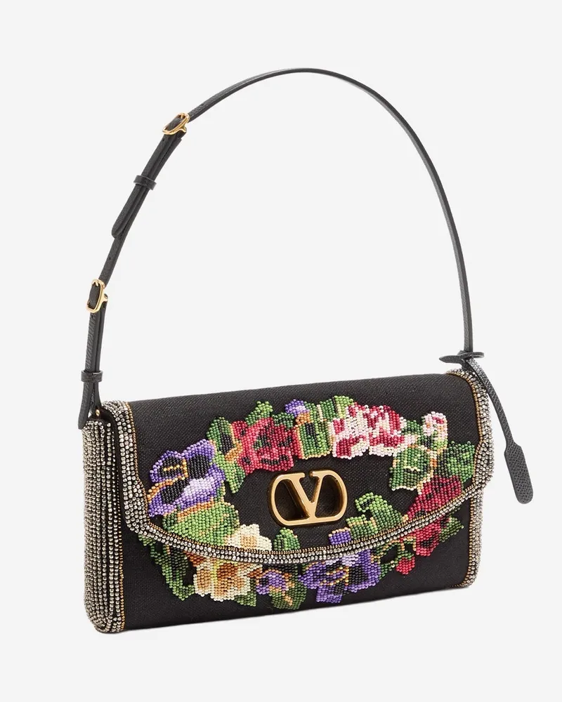 Valentino Garavani Women's Shoulder Bag Locò Floral-Embroidered Silk Multicolour Black