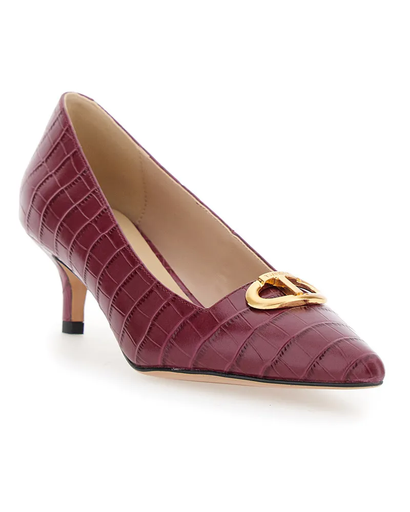 Twin-Set Women's Bordeaux Pumps With Embossed Crocodile Effect Red Leather Burgundy