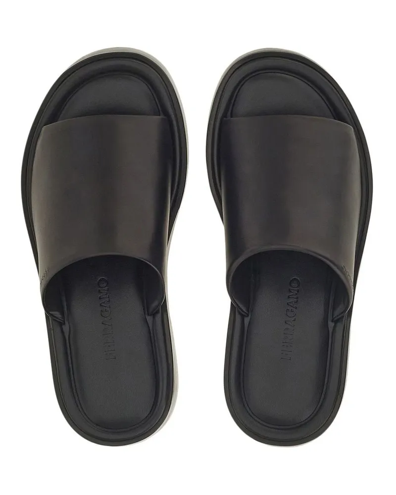 Ferragamo Crossover-Strap Leather Slides — Black Black
