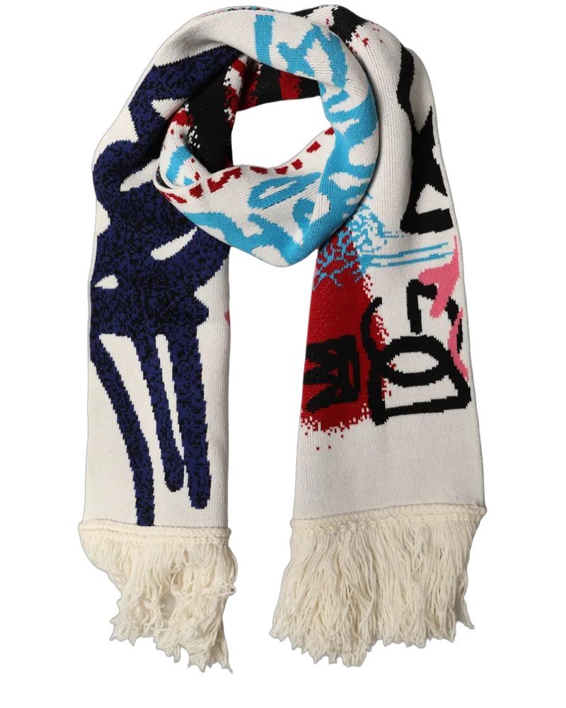 Dolce & Gabbana Graphic Cashmere-Wool Fringed Scarf — White White