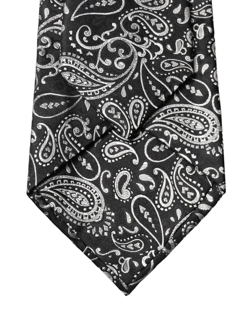 Dolce & Gabbana Black White Paisley Silk Adjustable Women Necktie Tie Black