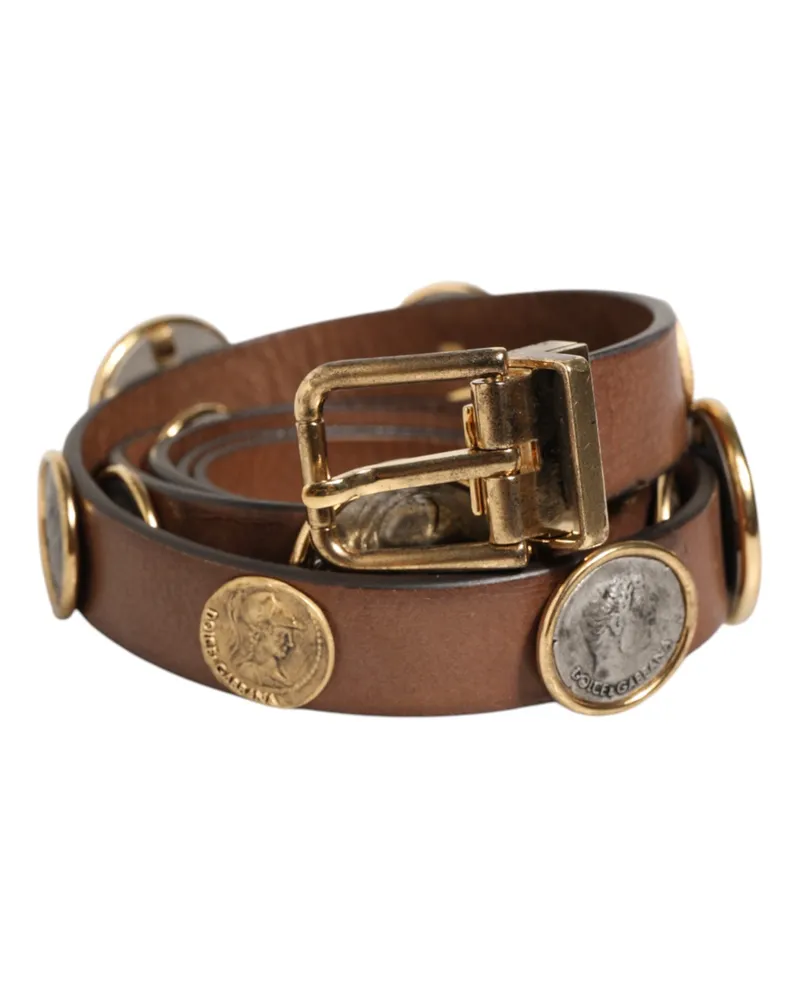 Dolce & Gabbana Men's Brown Leather Gold Silver Coin Buckle Belt Calf Brown