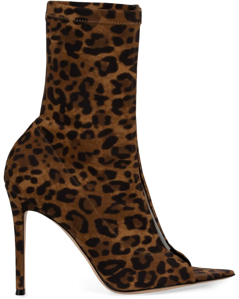 Gianvito Rossi Women's Leopard Print Leather Ankle Boots Animalier Goatskin Brown