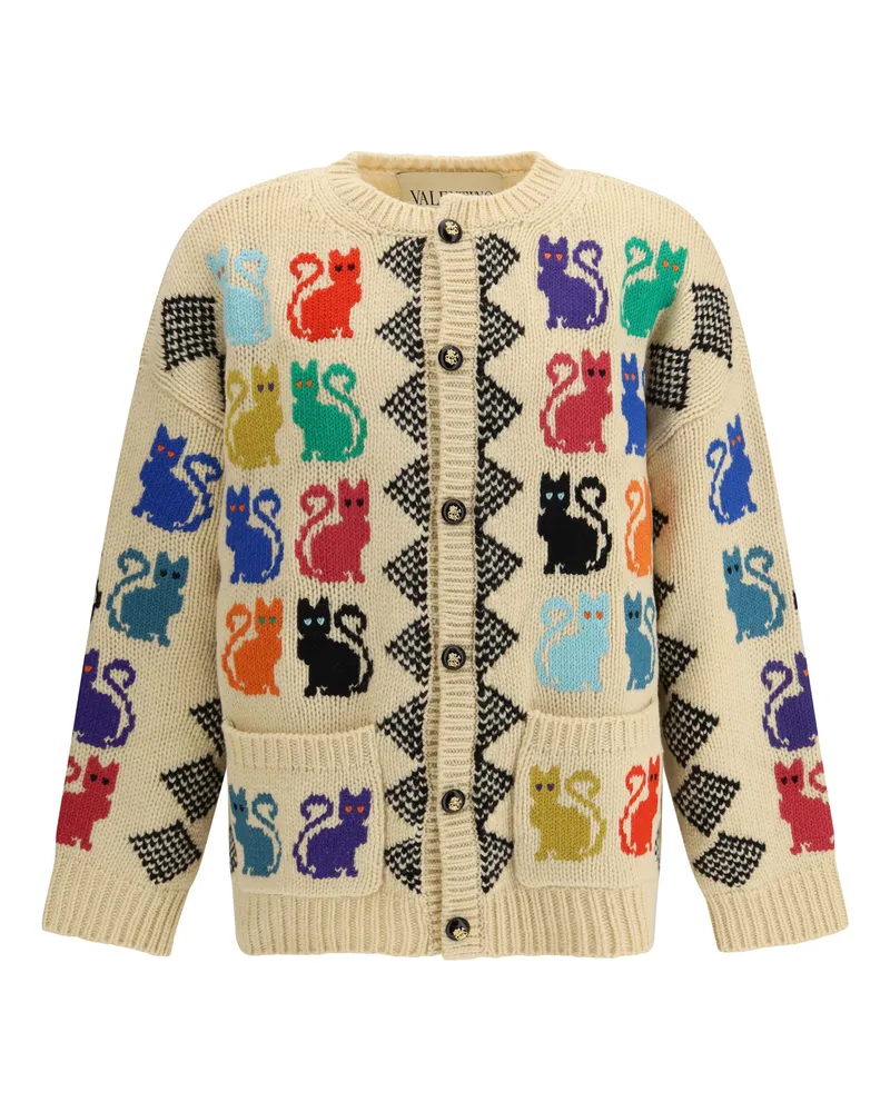 Valentino Garavani Men's Cardigan Le Chat Jacquard Multicolour Fleece Wool Sweater Multicolor