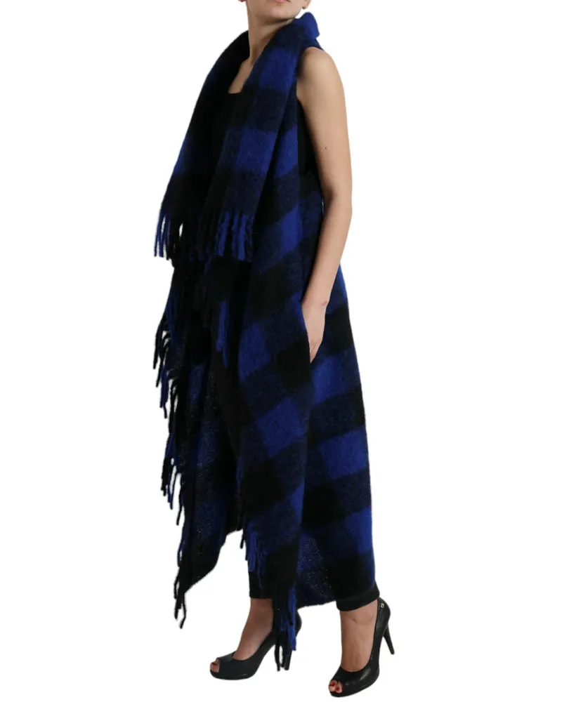 Dolce & Gabbana Women Black Blue Buffalo Check Poncho Coat Sweater And Clothing Multicolor