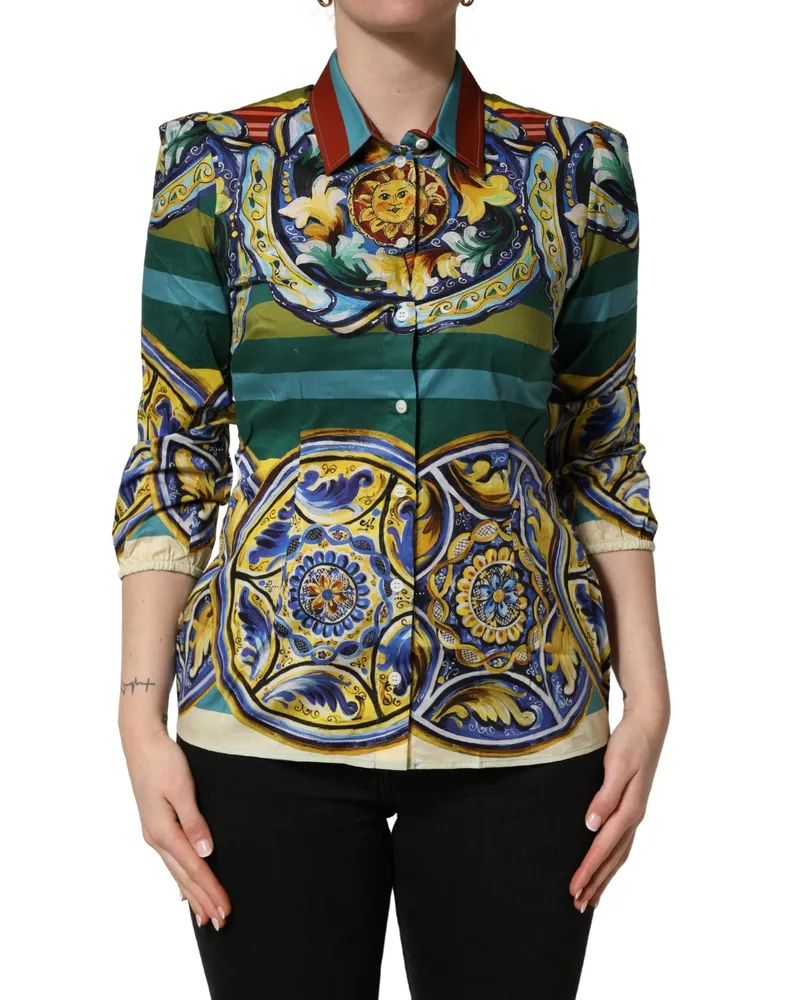 Dolce & Gabbana Women's Multicolor Majolica Print Cotton Blouse Top Elastane Multicolor
