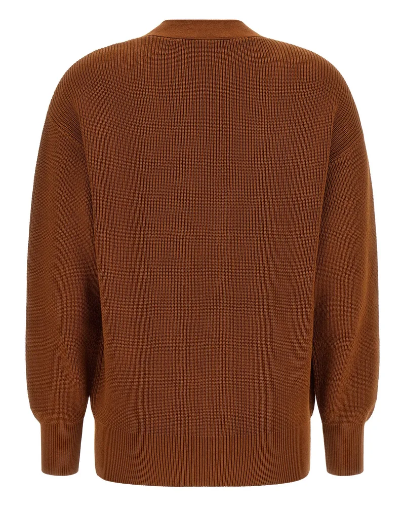 Elisabetta Franchi Ribbed Knit with Gold Closures Cardigan — Brown Brown