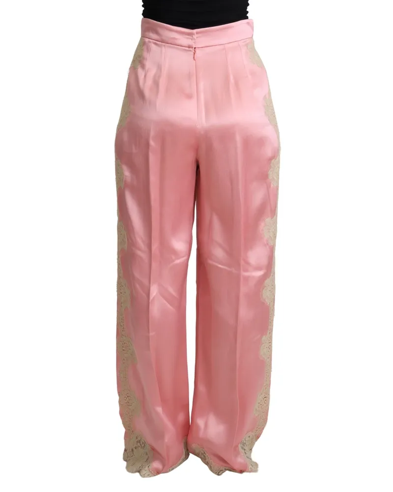 Dolce & Gabbana Women's Pink Lace Trimmed Silk Satin Wide Legs Pants Cotton Nylon Pink