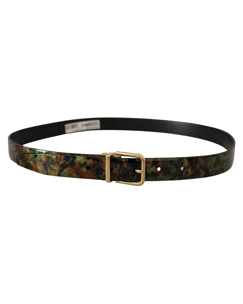 Dolce & Gabbana Men's Black Green Leather Bronze Metal Buckle Belt Black