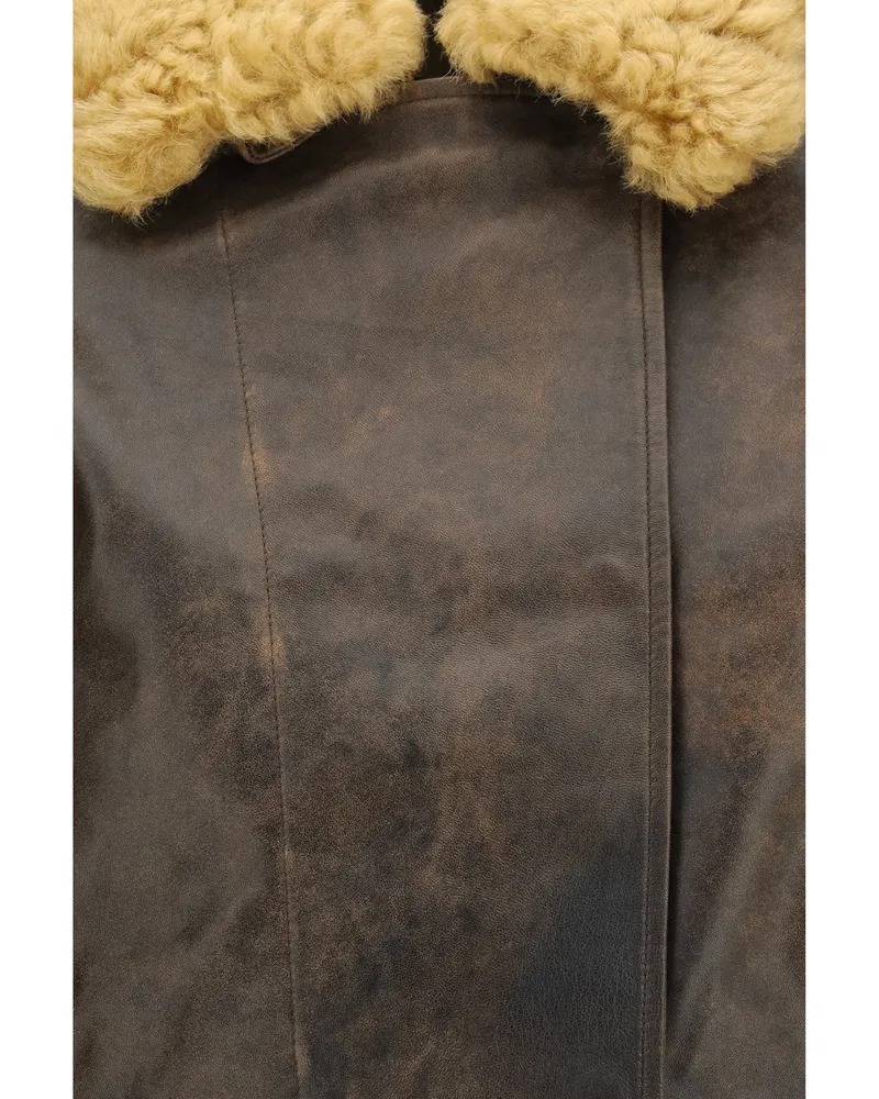 R13 Lambskin with Fur Collar Bomber Jacket — Brown Brown