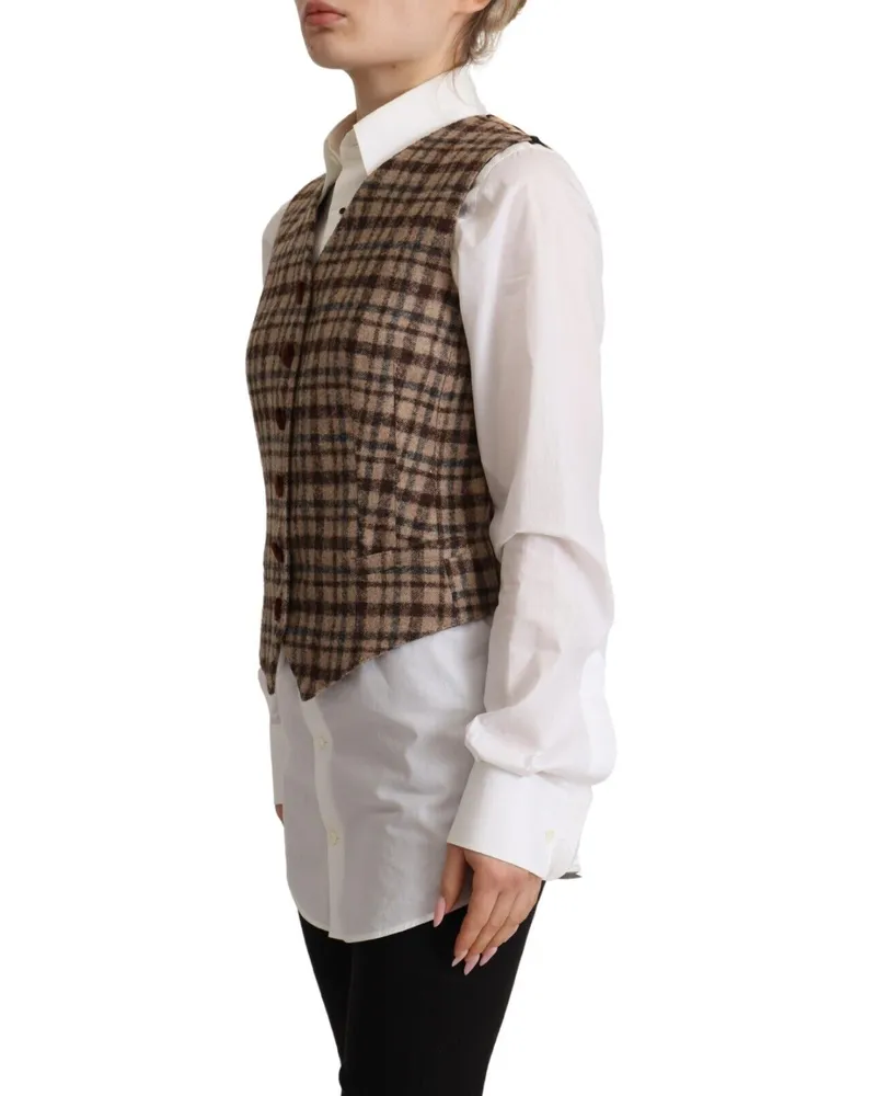 Dolce & Gabbana Women Brown Checkered Leopard V-Neck Sleeveless Vest Top Brown