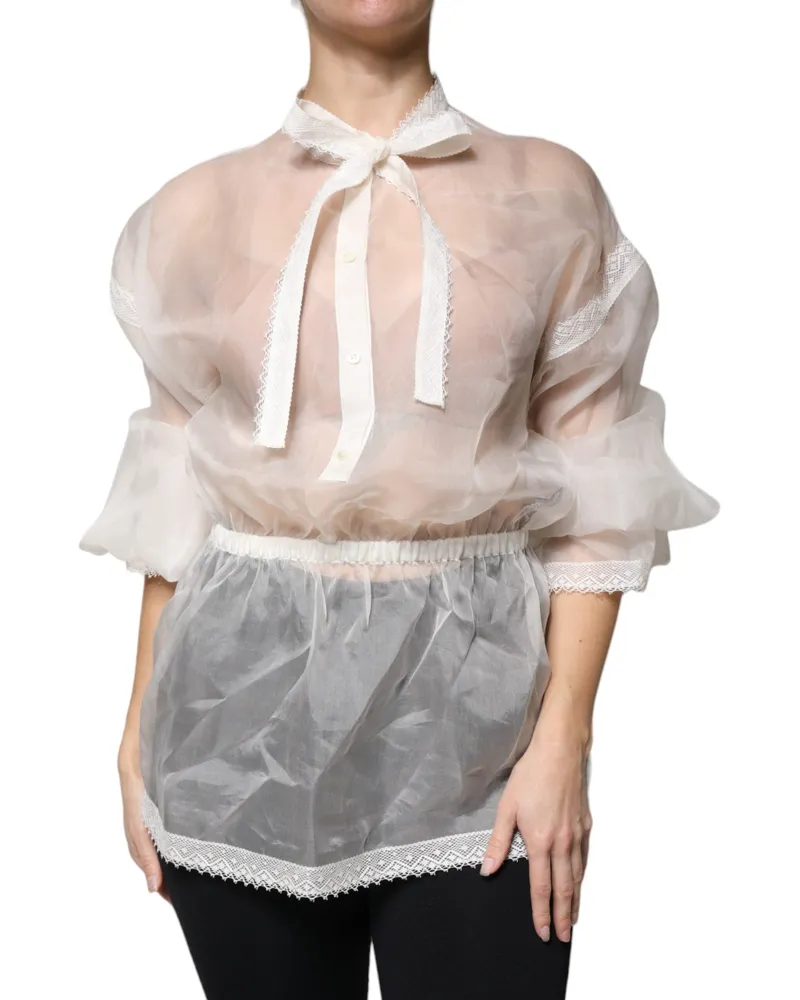 Dolce & Gabbana Women's White Ascot Collar Long Sleeves Blouse Top Silk Cotton White