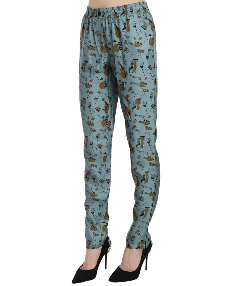 Dolce & Gabbana Women's Blue Musical Instruments Print Tapered Pants Silk Blue