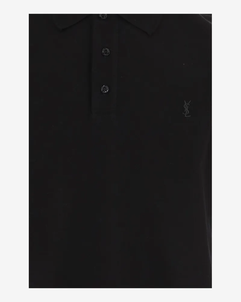 Saint Laurent Embroidered Logo Cotton Polo Shirt — Black Black