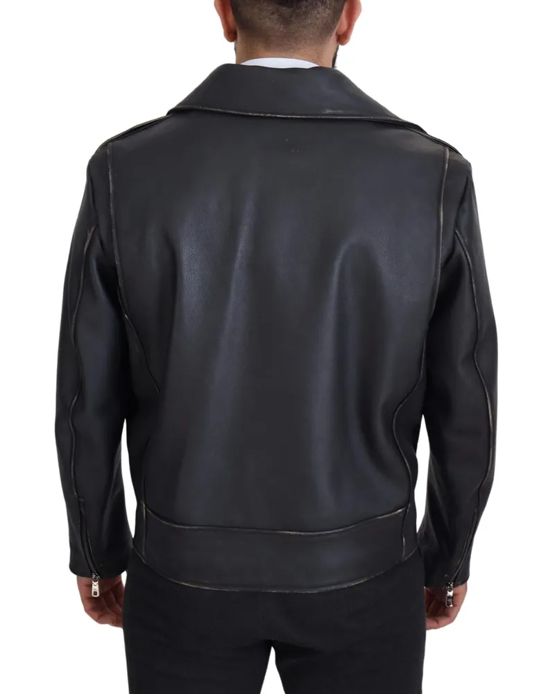 Dolce & Gabbana Men Black Leather Biker Coat Zipper Jacket Clothing Black