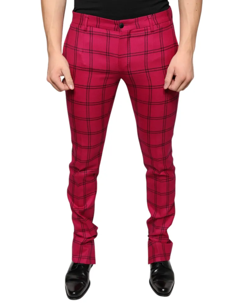 Dolce & Gabbana Men's Pink Checkered Wool Skinny Pants Pink