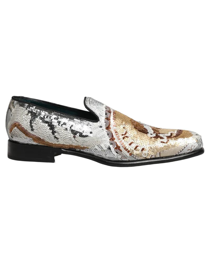 Dolce & Gabbana Men's White Gold Sequined Slip On Loafers Shoes Leather White