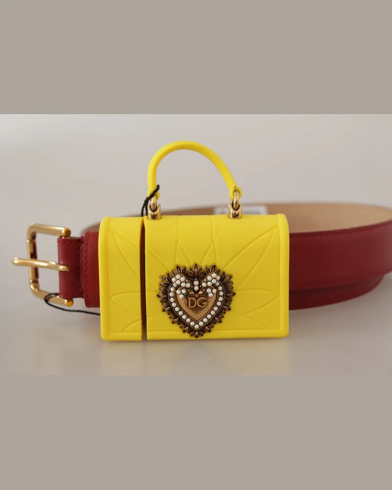 Dolce & Gabbana Women's Red Leather Yellow Devotion Heart Bag Buckle Belt Red