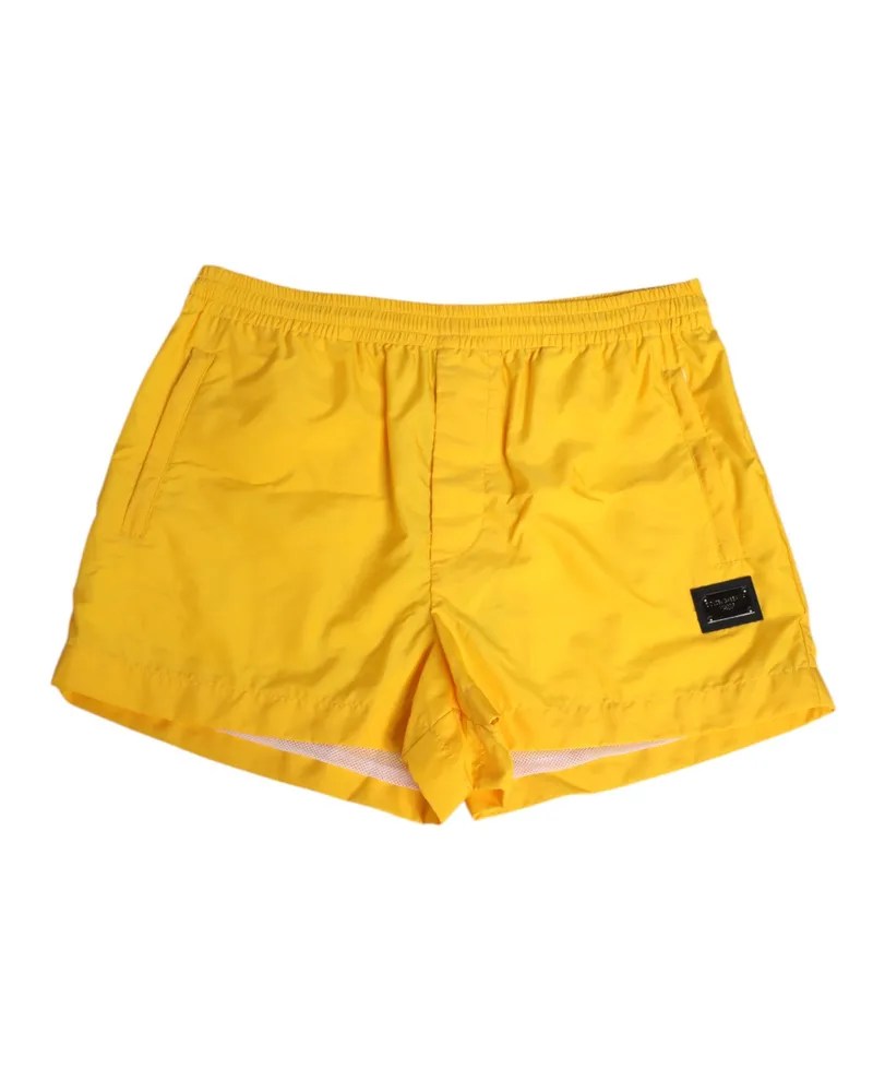 Dolce & Gabbana Men's Yellow Nylon Logo Plaque Boxer Shorts Swimwear Polyamide Yellow