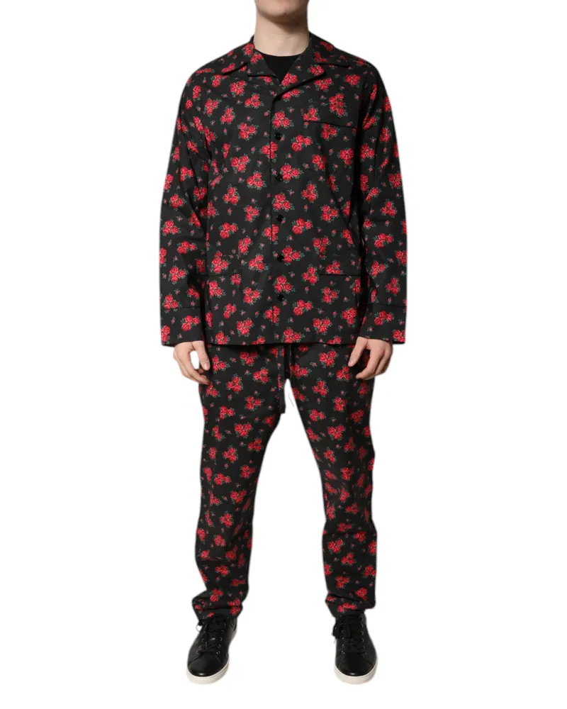 Dolce & Gabbana Black Floral Print Cotton Men Pajama Set Sleepwear Clothing Black