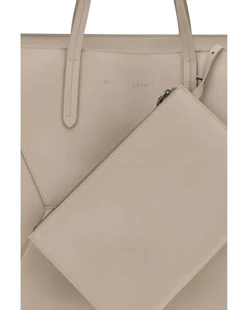 Brunello Cucinelli Women's Leather Tote Bag Moonbeam Calf Shoulder Beige