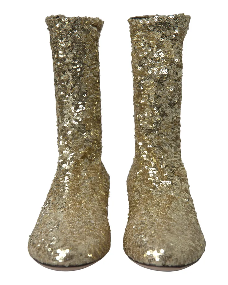 Dolce & Gabbana Women's Gold Sequined Short Boots Stretch Shoes Gold