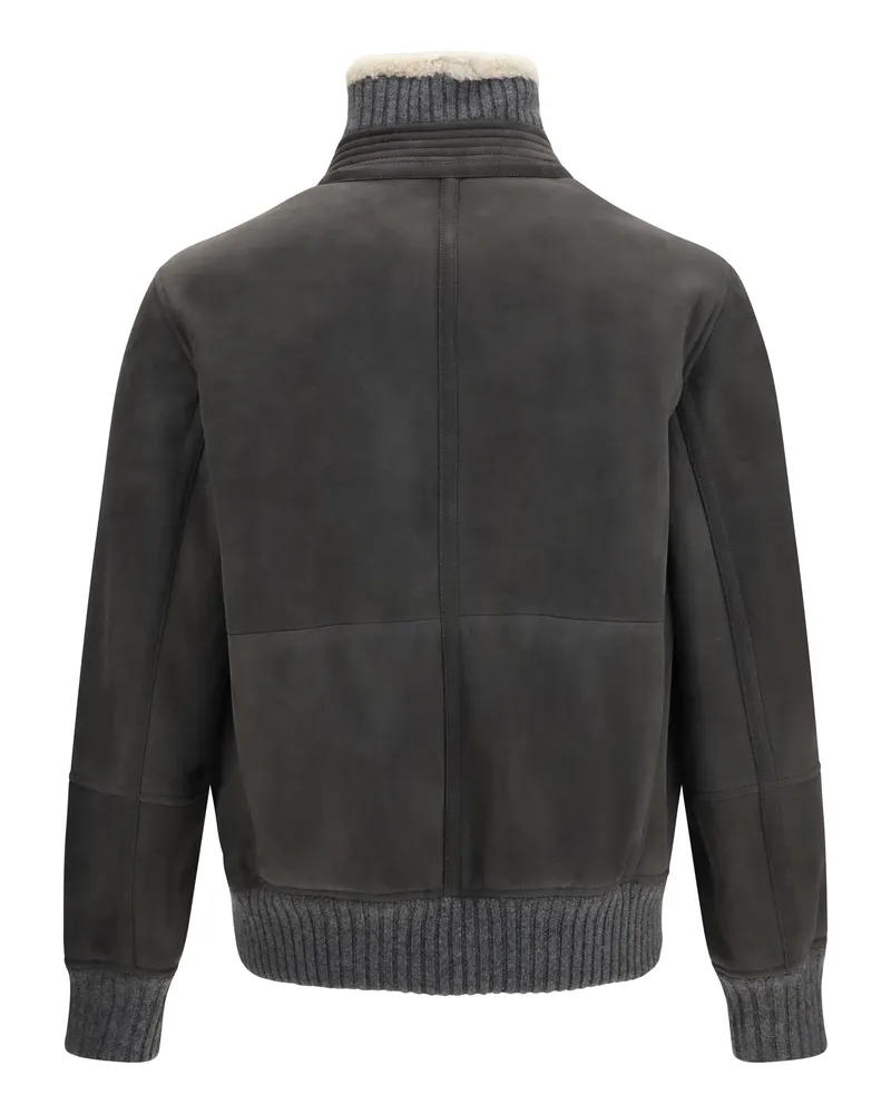 Brunello Cucinelli Men's Shearling Jacket With Zip And High Neck Acciaio Pelo Ecru Merino Wool Ovis Aries Ecru Gray
