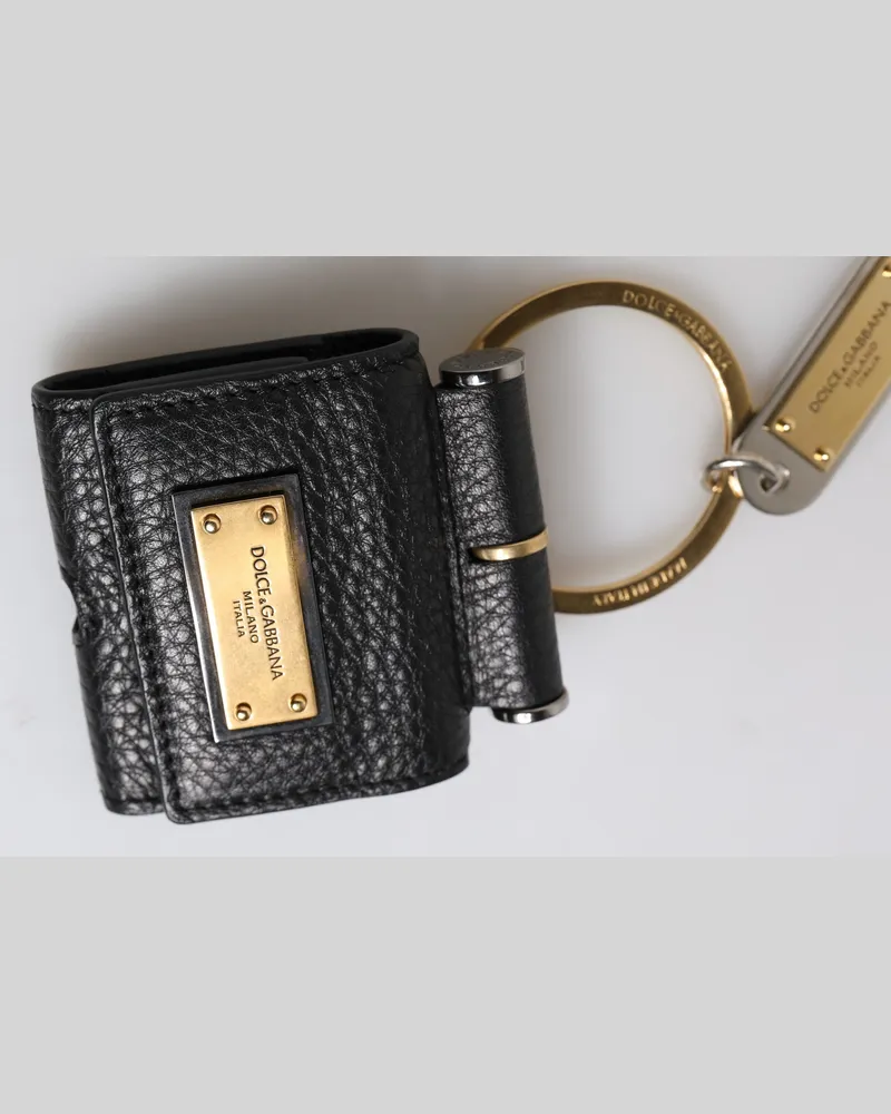 Dolce & Gabbana Men's Black Leather Strap Gold Metal Logo Plaque Airpods Case Accessory Black