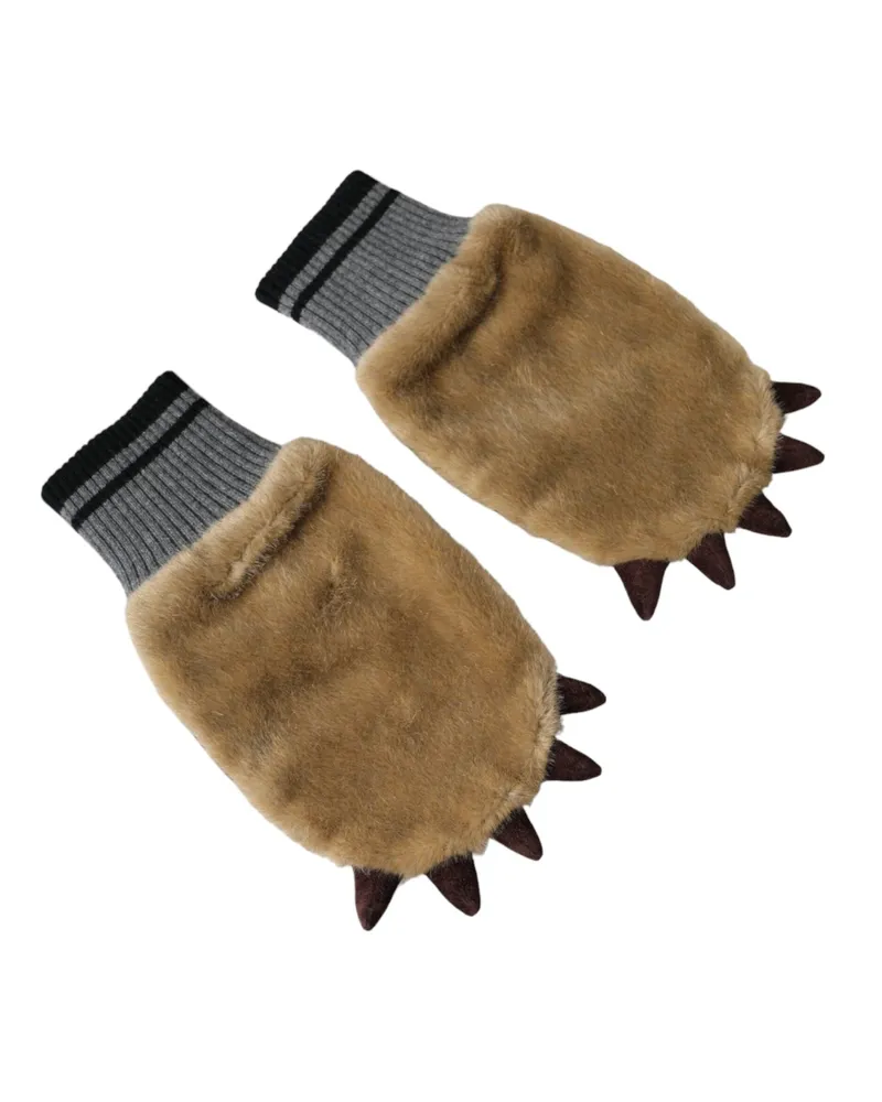 Dolce & Gabbana Women's Beige Acrylic Knitted Fur Wrist Mitten Gloves Polyester Beige