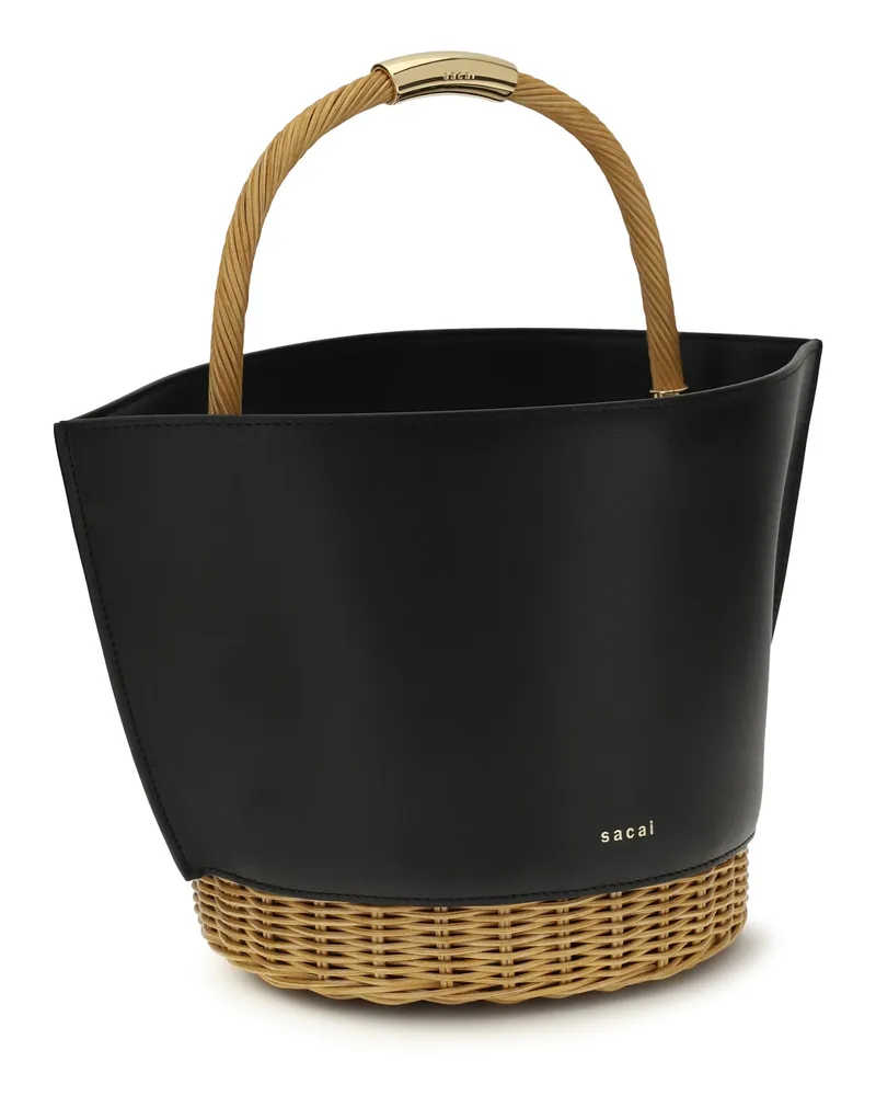 Sacai Women's Leather And Rattan Handbag Black Calf Bos Taurus Shoulder Bags Black