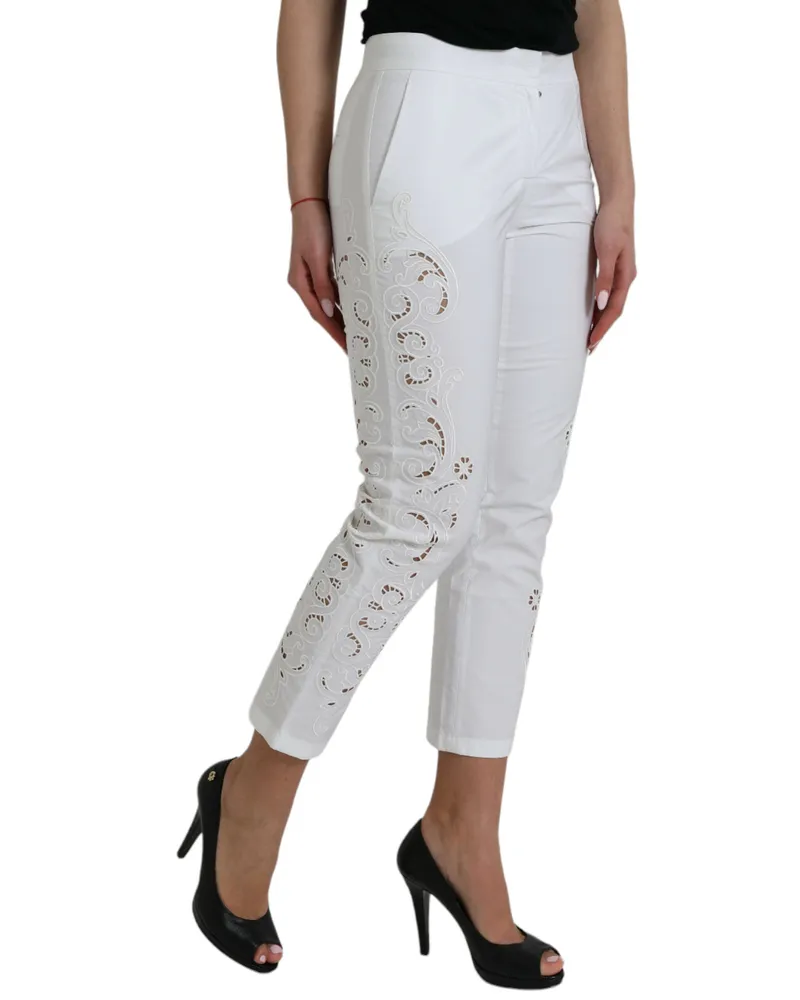 Dolce & Gabbana Women's White Cut Out Cotton Mid Waist Cropped Pants Viscose White