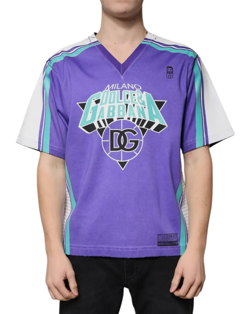 Dolce & Gabbana Men's Purple Logo Jersey Cotton V-Neck T-Shirt Purple