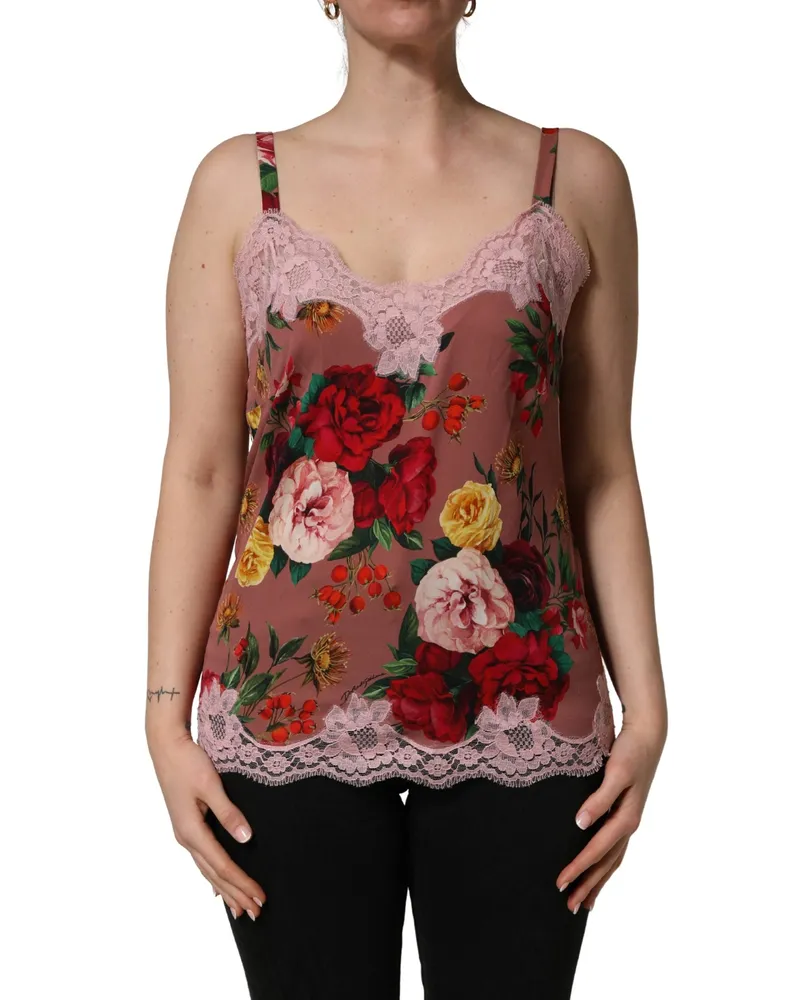 Dolce & Gabbana Women's Brown Rose Print Satin Lace Camisole Tank Top Cotton Elastane Nylon Silk Brown