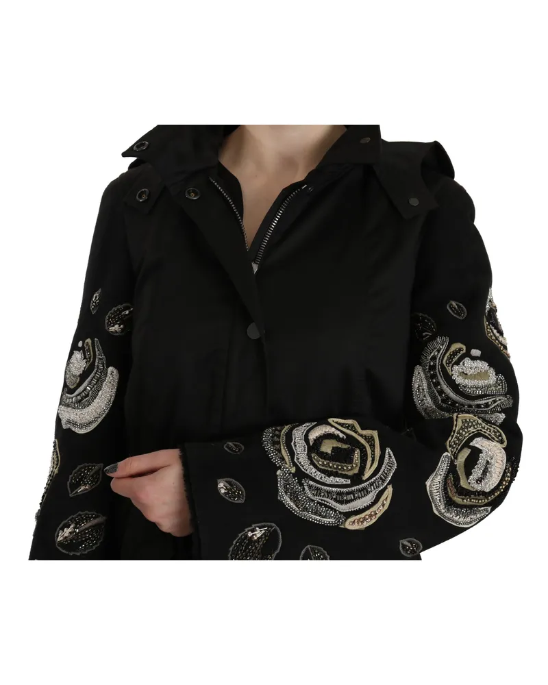 John Richmond Women Floral Sequined Beaded Hooded Jacket Coat Black Cotton Clothing Black