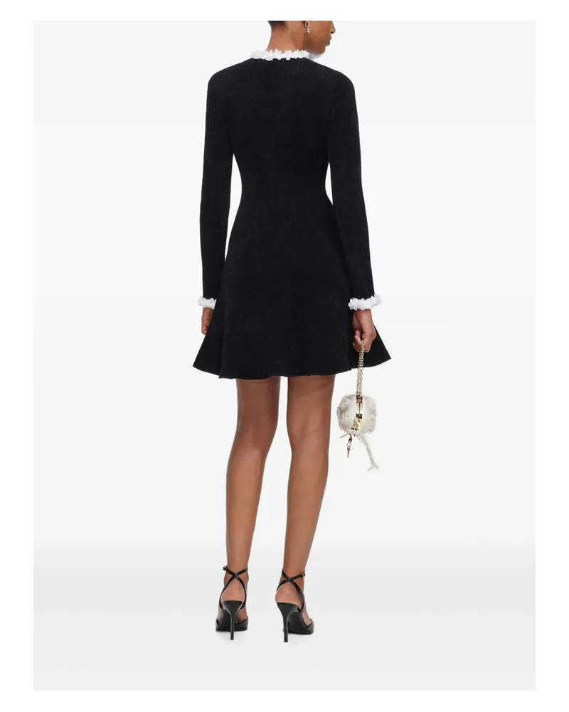 Self-Portrait Chenille Knit with Floral Trims Mini Dress — Black Black