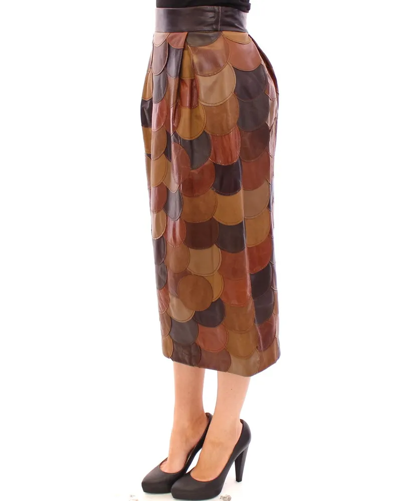 Dolce & Gabbana Women Brown Patchwork Leather Straight Skirt Lambskin Brown