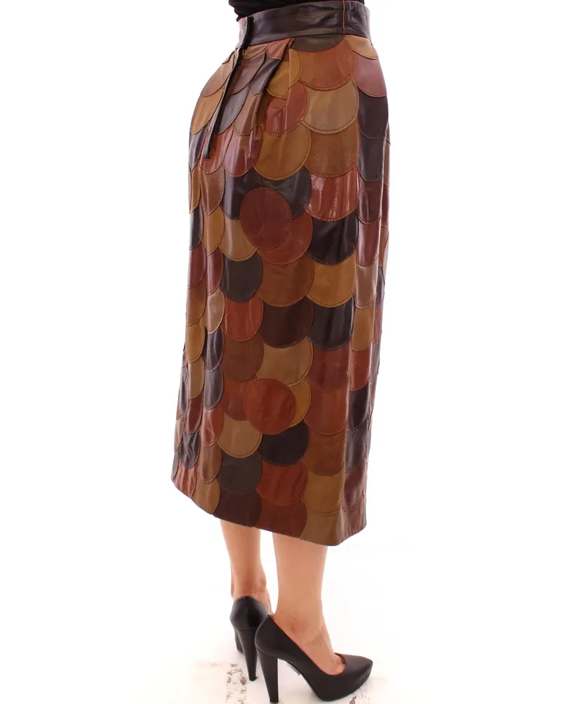 Dolce & Gabbana Women Brown Patchwork Leather Straight Skirt Lambskin Brown