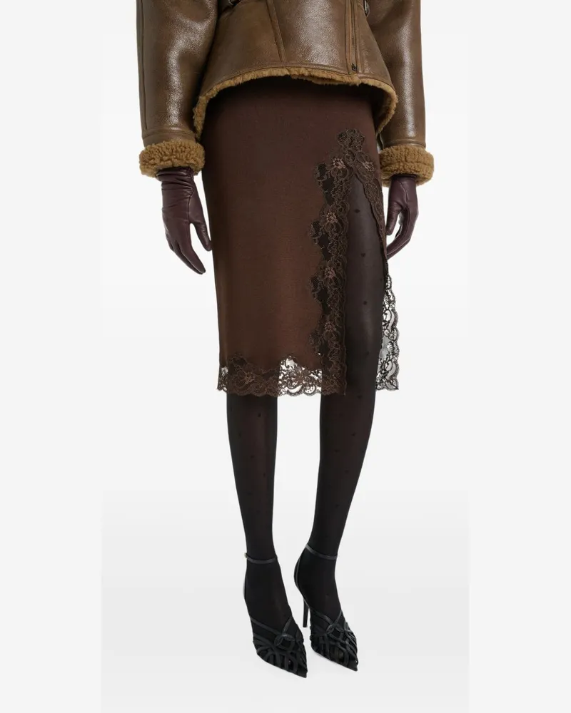 Balmain Lace-Trimmed Knit Skirt — Brown Brown